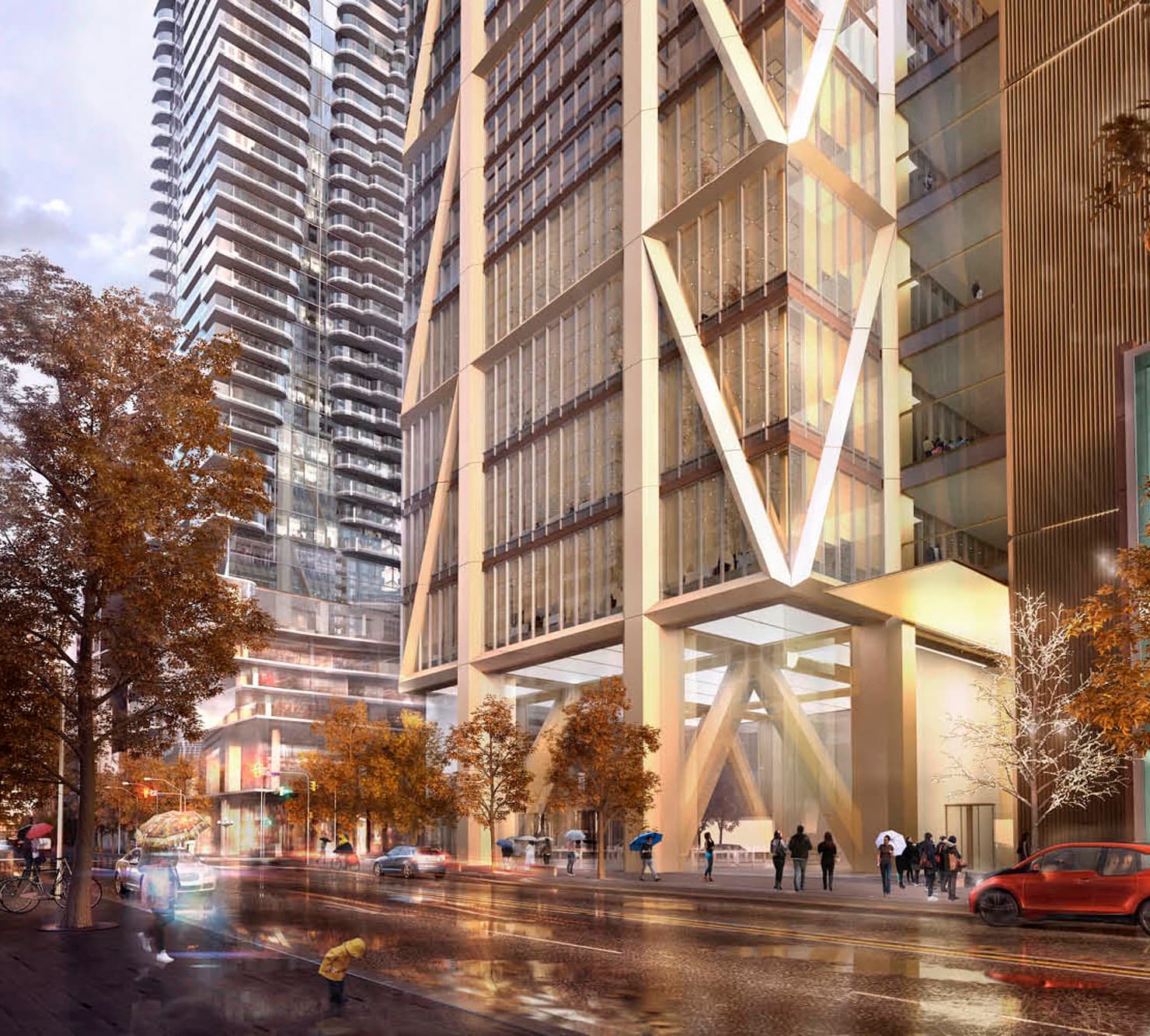 Street-level view of the champagne-bronze exoskeleton of One Bloor West